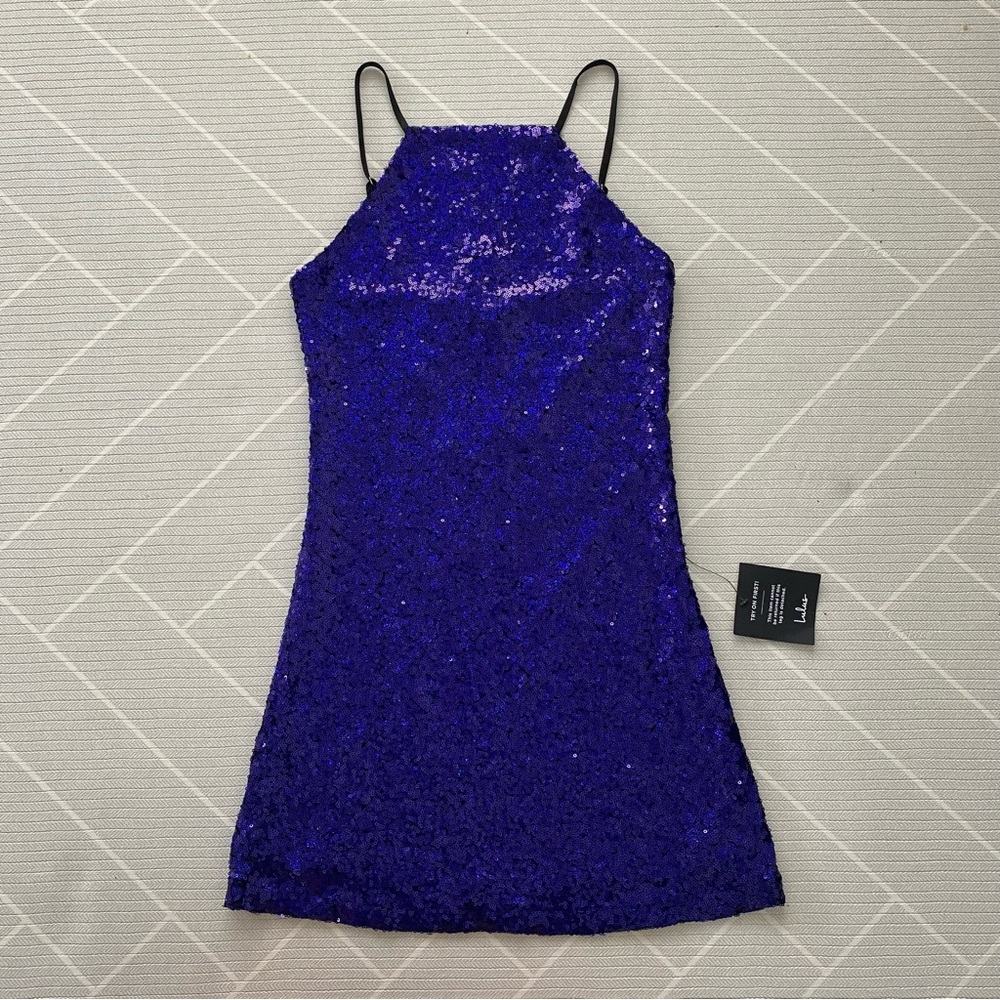 NWT)Lulus Casmar Shiny Blue Sequin Mini Dress Women's size XS